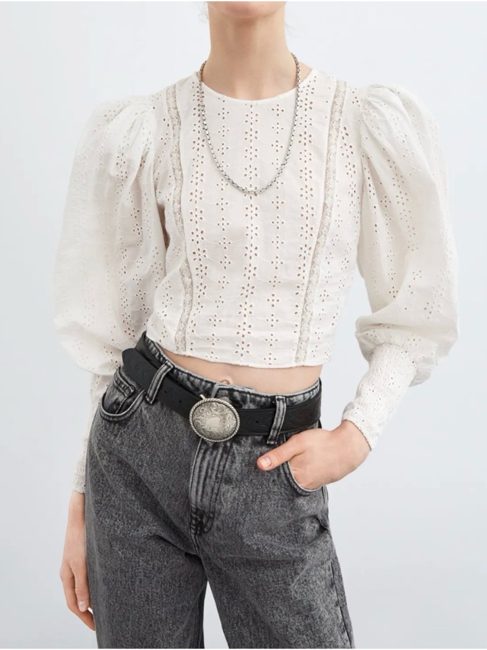 Zara White Eyelet Puff-Sleeve Crop Top